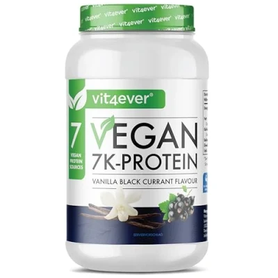 Abbildung von Vegan 7K Protein 1kg Vanille schwarze Johannisbeere Rein pflanzliches Eiweißpulver mit Reis , Mandeln Soja Erbsen Hanf Cranberry Sonnenblumenprotein