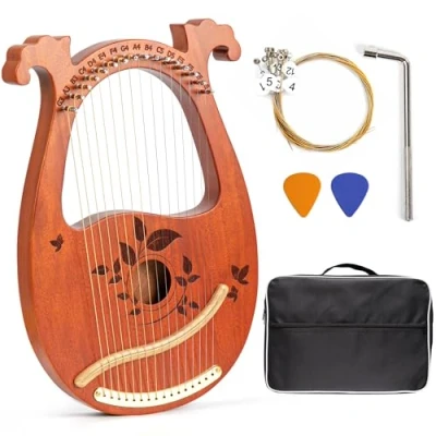 Abbildung von INKNOTE Lyre Harp, 16 Metallsaiten, Mahagoni, Harfe mit Stimmschlüssel, teiliges Ersatzsaiten Set, Handbuch, Plektren, schwarze Gigbag für Instrumente, Kinder, Erwachsene, professionelle
