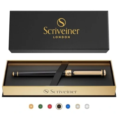 Abbildung von Scriveiner ROLLERBALL PEN Tintenroller Hochwertiger mit 24 Karat Gold Details, schwarze Schmidt Ersatzmine, Geschenkbox, Büro set, Schöne Professionelle (Schwarz)