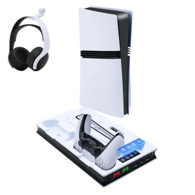 Abbildung von Mcbazel PS5/ PS5 Slim Ladestation Lüfter mit 3 Geschwindigkeiten Einstellbar, Multifunktionale LED Magnet für PS5/PS5 UHD/Digital Edition Weiß