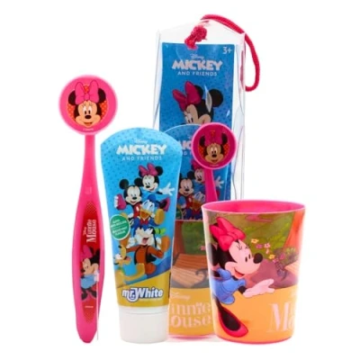 Abbildung von Minnie Mouse Kulturbeutel enthält Zahnbürste mit Schutzkappe, Saugnapf, bequemem Griff und weichen Borsten, Zahnpasta Minzgeschmack Mehrzweckbecher für Kinder