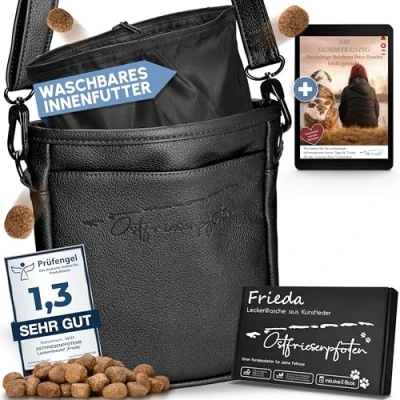Abbildung von Ostfriesenpfoten® Leckerlitasche &#039;Frieda&#039; für Hunde aus hochwertigem Kunstleder Schwarz Größe L Futterbeutel mit EasyOpen Einhandmagnetverschluss Gassitasche Leckerli