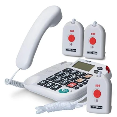 Abbildung von Maxcom KXTSOS: Seniorentelefon mit Funk Notruf Sender, schnurgebundenes Festnetztelefon 3 Umhängesendern, großen Tasten, Adapterstecker, hörgerätekompatibel
