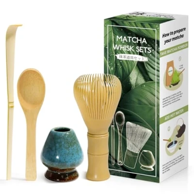 Abbildung von 4 Stück Matcha Set Japanische Zeremonie, Gelb MatchaBesen aus Harz, Bambuslöffel, Bambusschaufel, Quirlhalter, Zubehör für die Teezeremonie, Getränk Verträumtes Blau