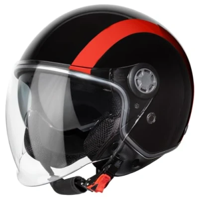 Abbildung von VINZ Jungbu Jethelm mit Doppelvisier Roller Helm Fashionhelm Streifen In Gr. XS XXL Jet Sonnenblende ECE 22.06 Zertifiziert Motorradhelm Visier Rot