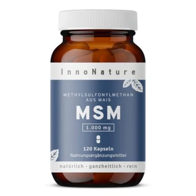 Abbildung von InnoNature MSM Kapseln pflanzliches Methlysulfonymethan aus Fermenation von Mais 120 Kapseln, 2 enthalten 1.000 mg MSM, Laborgeprüft