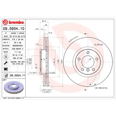 Abbildung von BREMBO COATED DISC LINE 09.5934.11 Bremsscheibe 315 28 5 innenbelüftet beschichtet mit Schrauben BMW: 3 Limousine, Z3 Roadster, Coupe