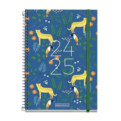 Abbildung von Miquelrius Schülerkalender 2024 2025, September bis Juni Größe: 155 x 215 mm, Tagesansicht, Umschlag aus Karton, Spiralbindung Metall, Schwarz, Spanisch und Englisch, Dschungel