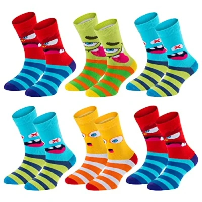 Abbildung von TippTexx 24 Kinder Socken, handgekettelt, 6 Paar für Mädchen/Jungen, weiche Baumwolle, viele Muster (Lustige Monster, 3 4 Jahre)