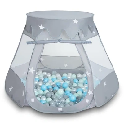 Abbildung von SELONIS Baby Spielzelt Mit Plastikbällen Zelt 105X90cm/100 Bälle Plastikkugel Kinder, Grau:Perle Grau Transparent Babyblau Mint