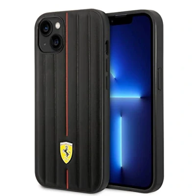 Abbildung von Ferrari Handyhülle für iPhone 14 Plus in Schwarz geprägten Streifen Schutzhülle Leder Strapazierfähige &amp; Anti Scratch Case mit Easy Snap on, Stoßdämpfung Signature Logo