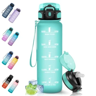 Abbildung von Motswedi Trinkflasche, 1000ml BPA Frei, Trinkflasche mit Strohhalm, Auslaufsicher, Sport, Kohlensäure Geeignet, Wasserflasche für Camping, Yoga, Gym, Schule, Outdoors, Blaugrün