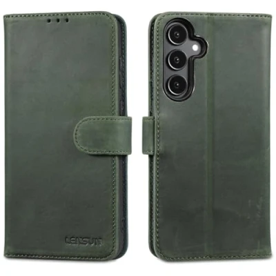 Abbildung von LENSUN Echtleder Hülle für Samsung Galaxy A55, Handyhülle [Echtes Leder][Kartenfach][Standfunktion] Handytasche Flip Lederhülle A55 5G Retro Grün