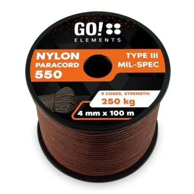 Abbildung von GO!elements 100m Paracord Seil aus reißfester Nylonschnur 4mm 550 Typ III Schnur geeignet als Allzweckseil &amp; Reepschnur Max. 250kg, Farbe: Braun