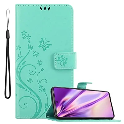Abbildung von Cadorabo Hülle kompatibel mit Xiaomi 11T / PRO Blumen Design aus Kunst Leder Flip Klappbare Magnetische [Standfunktion] [Kartenfächern] Cover für Tasche in Türkis