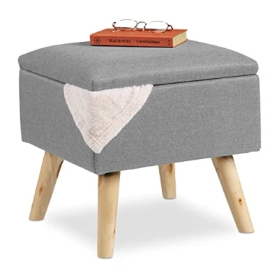 Abbildung von Relaxdays Hocker mit Stauraum, Kunstleinen Bezug, gepolstert, Holzbeine, Fußhocker Deckel, HBT 40x40x40 cm, hellgrau, 10029605_940