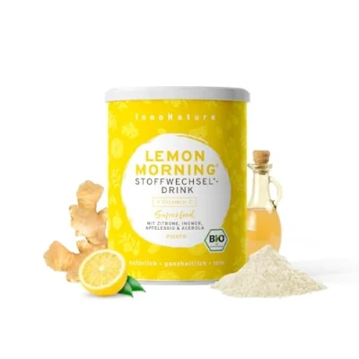 Abbildung von InnoNature Bio Lemon Morning® I Stoffwechseldrink mit Vitamin C, Getränkepulver aus Zitrone, Ingwer, Acerola und Apfelessig 150g, Vegan ohne Zusatzstoffe