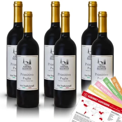 Abbildung von Villino Azzurro Primitivo Puglia IGT, trocken, sortenreines Weinpaket + VINOX Winecards (6x0,75l)