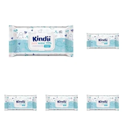 Abbildung von Kindii Feuchttücher Für Babys und Kinder Pure Water 99% ige Zusammensetzung auf Wasserbasis Allantoin Parfümfrei Unparfümiert Dermatologisch getestet empfindliche Haut 60 Stück