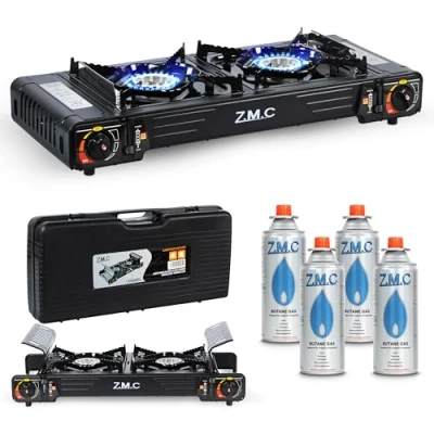 Abbildung von Z.M.C Premium Camping Gaskocher 2 flammig + 4 Gaskartuschen 227g, Campingkocher mit Transportkoffer für Outdoor und Innenraum, Balkon Tisch Kocher, Doppelgaskocher Piezozündung