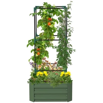 Abbildung von Outsunny Hochbeet mit Rankhilfe, Blumenkasten Offenem Boden, Pflanzkasten (Gemüsebeet, 1 St., Kräuterbeet), für Garten, Balkon, Verzinkter Stahl, Grün, 61 x 140 cm