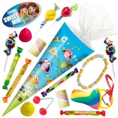 Abbildung von OYOY 22cm Schultüte gefüllt mit Süßigkeiten Mix I Eule Einschulung Geschenk fertig klein