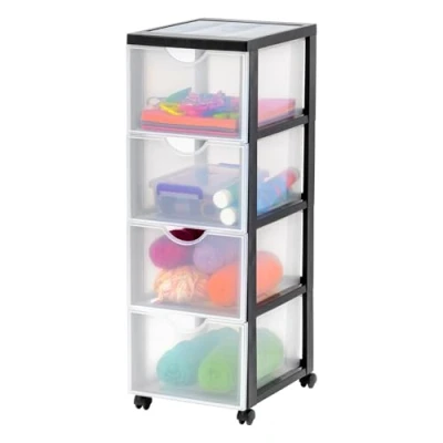 Abbildung von Iris Ohyama Kunststoff Schubladenbox mit Rollen, 4 tiefen Schubladen, Schwarz, Griffe zum Ziehen, Für Schlafzimmer, Bad, Schule &amp; Büro, BPA frei, Schubladenschrank, Rollcontainer, A4 Drawer,