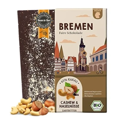 Abbildung von BREMEN Cashew, Haselnüsse in Fairtrade Kakao/Bio Stadt Schokolade/Zartbittere Edeltafel (1 Tafel, 80g)