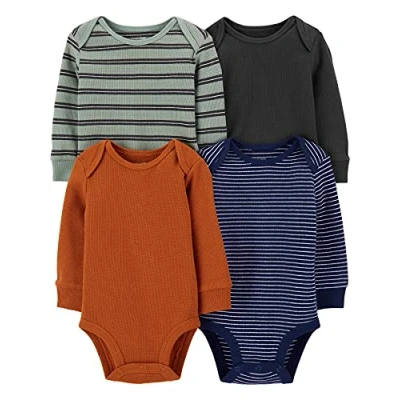 Abbildung von Simple Joys by Carter&#039;s Unisex Baby Long Sleeve Thermal Bodysuits, Pack of 4 Body, Grün Streifen/Marineblau/Rostfarben/Schwarz, 0 Monate (4er Pack)