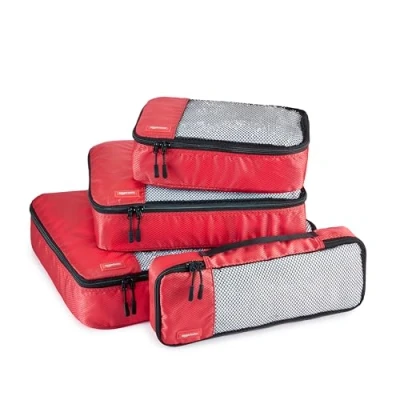 Abbildung von Amazon Basics Packwürfel Set für Koffer, Reise Organizer, Reißverschluss, 4 Teilig, Groß, Mittelgroß, Klein, Schmal, Rot