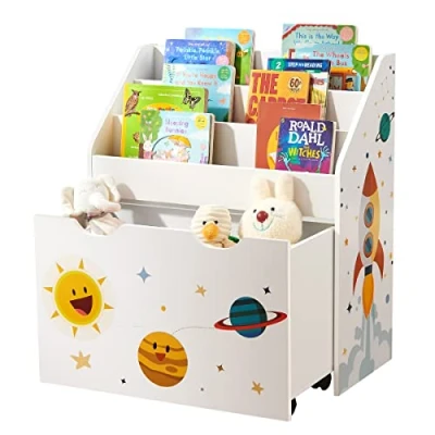 Abbildung von SONGMICS Spielzeugregal, Bücherregal für Kinder, Kinderzimmerregal mit 3 Fächern und herausziehbarer Spielzeugkiste Rollen, Spielzeug Organizer, Kinderzimmer, Bücher, weiß GKR41WT