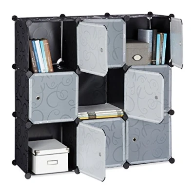 Abbildung von Relaxdays Regalsystem mit Türen, Raumteiler Kunststoff, Standregal 9 Fächer, Badregal, HBT: ca. 95 x 32 cm, schwarz