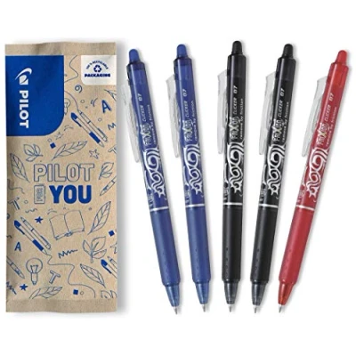 Abbildung von PILOT FriXion Clicker 0.7 5 Stück Farben 2x Blau/Schwarz, 1x Rot Radierbarer, nachfüllbarer Gel Tintenroller mit Druckmechanik und thermosensitiver Tinte, mittlere Spitze