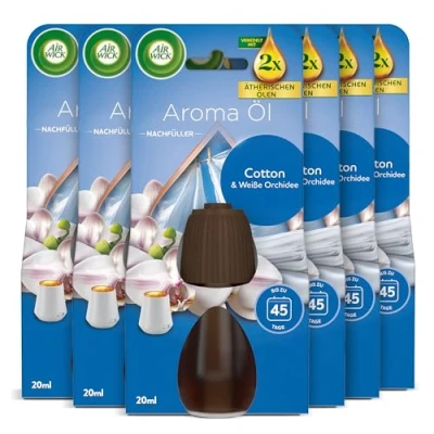 Abbildung von Air Wick Aroma Öl Flakon Nachfüller Duft: Cotton und Weiße Orchidee Frischer Wohnungsduft mit ätherischen Ölen 6 x 20ml Duftöl Set