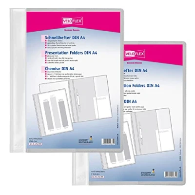 Abbildung von VELOFLEX A474109 Schnellhefter VELOFORM, 2 Stück, DIN A4, weiß, PVC, glasklarer Vorderdeckel, passend für Prospekthüllen
