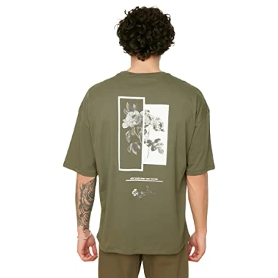 Abbildung von TRENDYOL Herren Herrenübergroße Rundkragen Gedruckt Kurzarm T shirt Shirt, Khaki, L EU