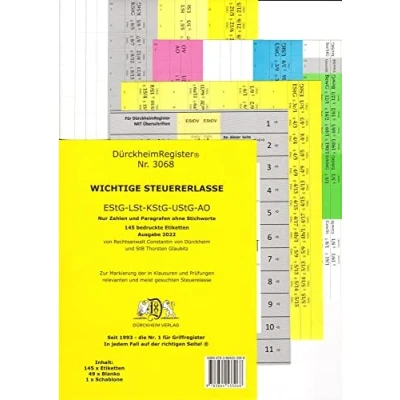 Abbildung von DürckheimRegister® STEUERERLASSE Gesetze und §§ ohne Stichworte: 147 Registeretiketten (sog. Griffregister) für die wichtigsten STEUERERLASSE. In ... usw.. jedem Fall auf der richtigen Seite®