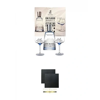 Abbildung von Gin Mare 0,7 Liter aus Spanien mit 2 Gläsern in Geschenkverpackung + Schiefer Glasuntersetzer eckig ca. 9,5 cm Ø Stück