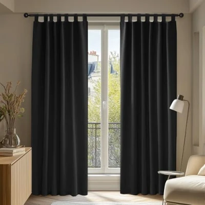 Abbildung von Deconovo Verdunkelungsvorhang Schlaufen Gardinen Schlafzimmer Thermogardine Schlaufenschal Kälteschutz Thermovorhang Hitzeschutz, 214x132 cm(HöhexBreite), Schwarz, 2er Set