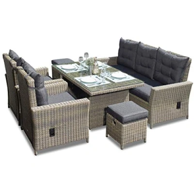 Abbildung von Green Spirit Garten Sitzgruppe Asti Braun, Polyrattan, für 7 Personen, Sicherheitsglas, Wetterfest, Gartenmöbel Set mit Sofa, Tisch, 2 Sessel, Hocker
