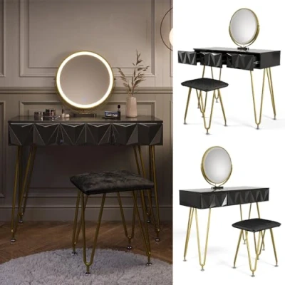 Abbildung von Vicco Schminktisch Ruby, Schwarz Hochglanz, 100 cm mit LED Spiegel und Hocker