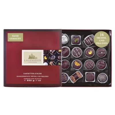 Abbildung von Lauensteiner Edelbittere Spezialitäten 200g in Geschenk Box 16 zartbittere Pralinen rüf Mann oder Frau
