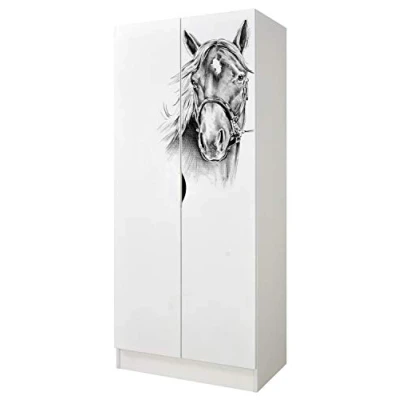 Abbildung von Leomark Weiß zweitüriger Kleiderschrank für Kinder Roma funktionaler Schwebetürenschrank, Dim: 70 x 42,5 161,5 (H) cm, Kommode, Schrank, Möbel Kinder, UV Druck: Pferdeporträt