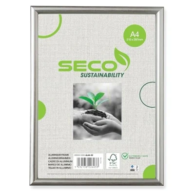 Abbildung von SECO A4 Bilderrahmen aus gebürstetem Aluminium mit Plexiglas Sicherheitsglas, magnetisch, perfekt für zu Hause/Büro, 18 mm Rahmenkante, silber