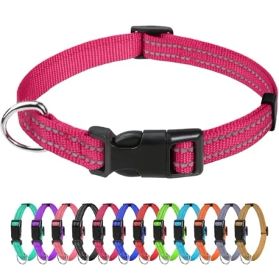 Abbildung von TagME Nylon Hundehalsband, Verstellbares Reflektierendes Hundehalsband mit Sicherheitsschnalle für Welpen, Hot Pink, 1.0cm Breite