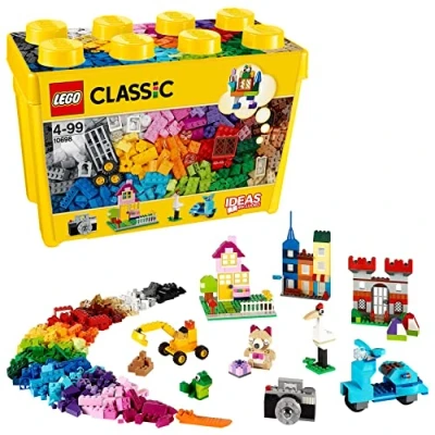 Abbildung von LEGO Classic Große Bausteine Box, Konstruktionsspielzeug für Mädchen und Jungen mit Aufbewahrungsbox, enthält bunte Steine, Reifen, Türen, etc. in 33 Farben, Geschenk Kinder ab 4 Jahren 10698