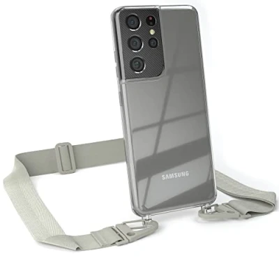 Abbildung von EAZY CASE Hülle mit Band kompatibel Samsung Galaxy S21 Ultra 5G Handyhülle Umhängeband für Silikonhülle Transparent Schutzhülle Handykette zum Umhängen Handykordel in Taupe