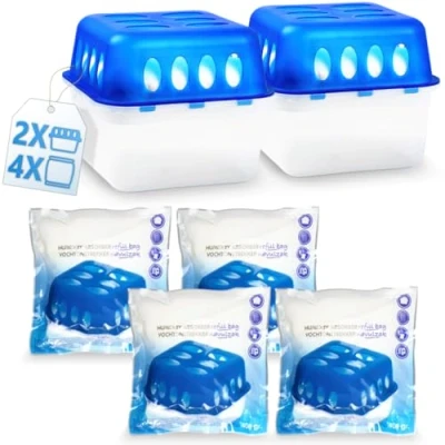 Abbildung von Stimo 2x Luftentfeuchter Box mit 4 Nachfüllpacks Raumentfeuchter Feuchtigkeits Stopper Granulat Beutel (2x + 4x Nachfüllpack 400g)