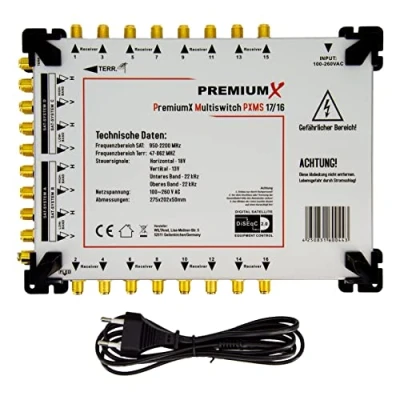 Abbildung von Premium X PXMS 17/16 Multischalter mit Netzteil Multiswitch 4 SAT für 16 Teilnehmer Satverteiler Digital HDTV FullHD 4K UHD 8K