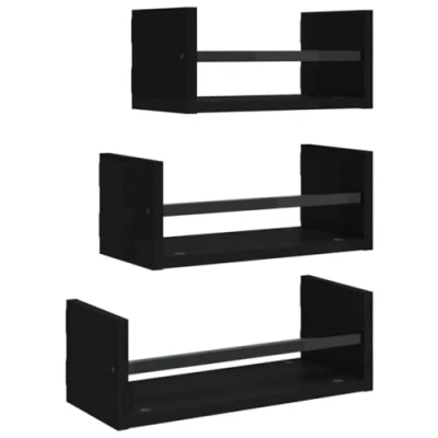 Abbildung von vidaXL Wandregal Set 3 TLG., Hängeregal mit viel Stauraum, Schweberegal Regal Stangen, Wandboard Bücherregal für Wohnzimmer Badezimmer, Schwarz Holzwerkstoff
